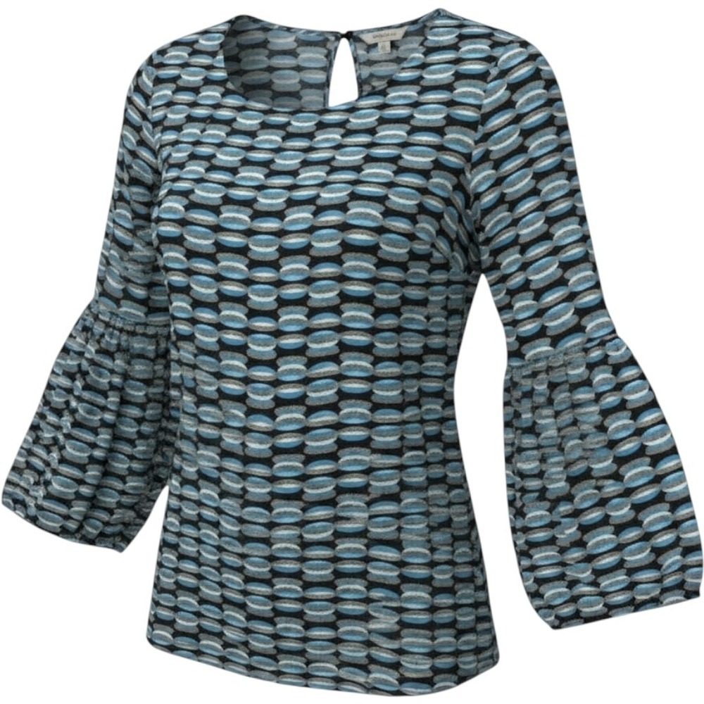 Tyler Boe Silk Geometric Print Bell Sleeve Blouse Blue Black Womens Medium